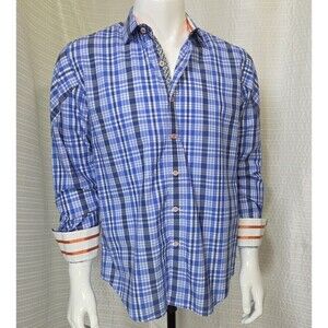 Robert Graham X Collection Flip Cuff Shirt Blue Plaid /Multi-Orange Trim Men's L
